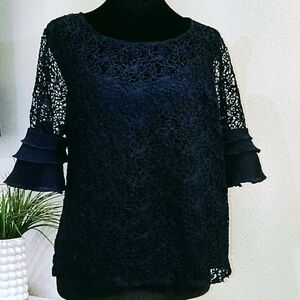 New York & Company Navy Lace Ruffle Sleeve Blouse